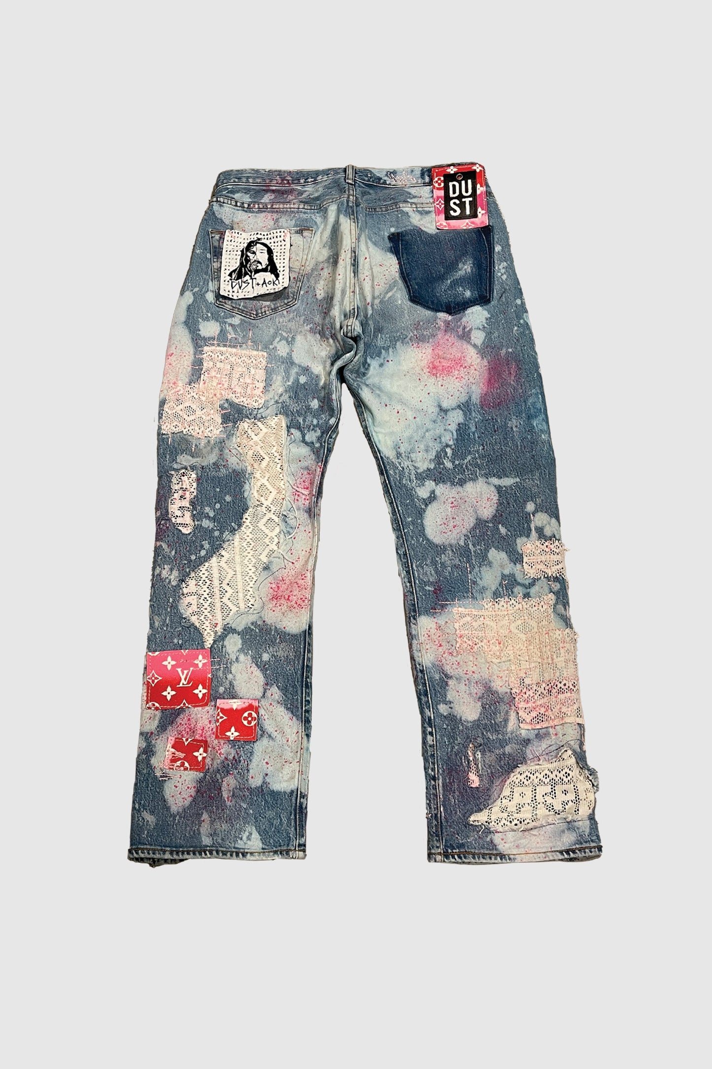 AOKI 1OF1 X DUST OF GODS PINK BOOTLEG PATCHES BLEACHED JEANS #830