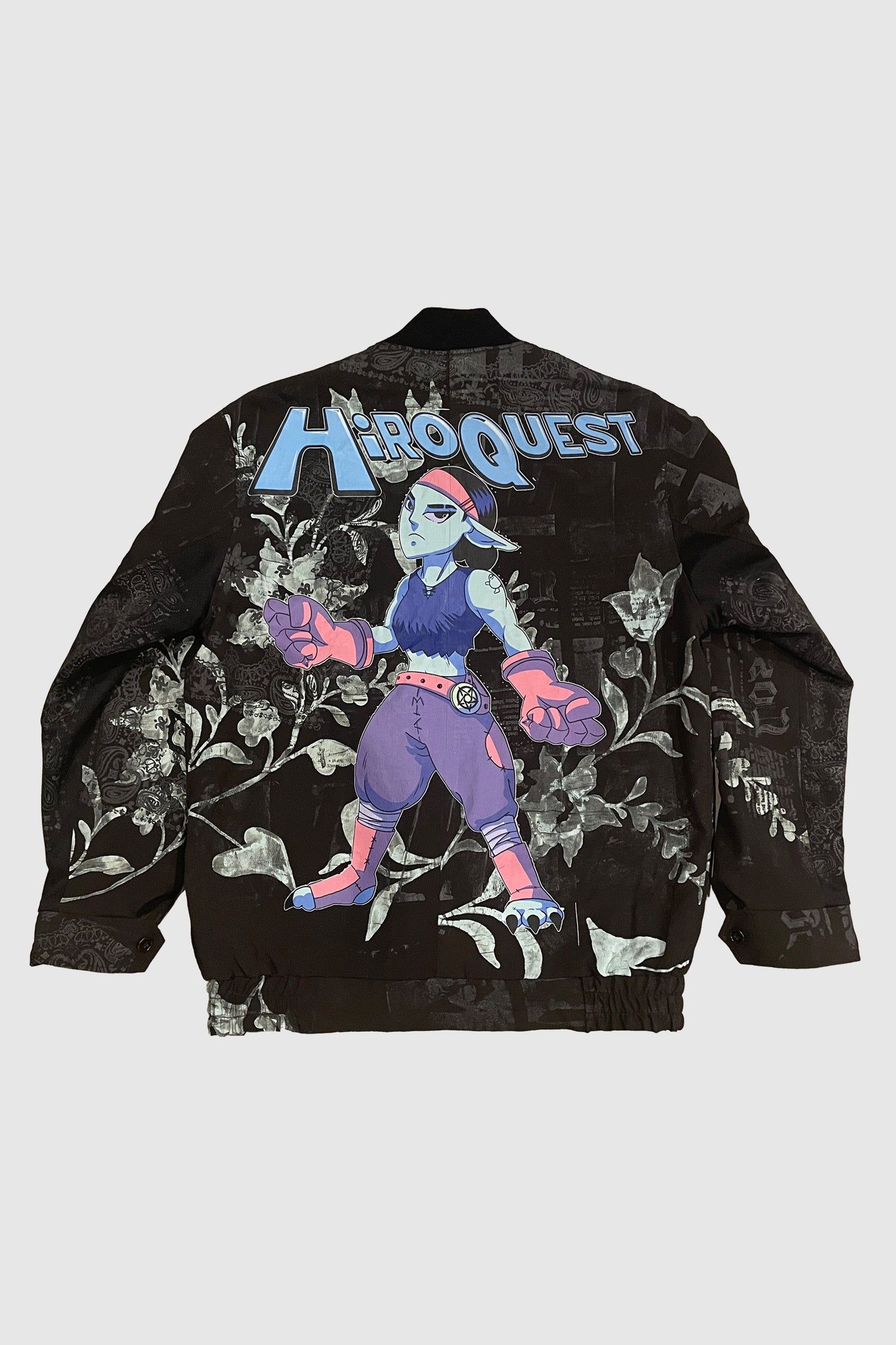 AOKI 1OF1 HIROQUEST BLACK FLOWER PRINT BOMBER JACKET #879