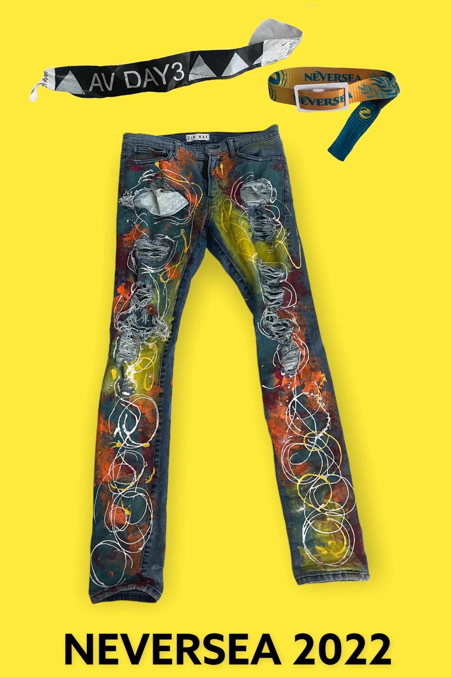 *Festival Worn* Dim Mak Swirl Painted Destruction Jeans #233 with Steve Aoki's Autographed NEVERSEA Wristbands