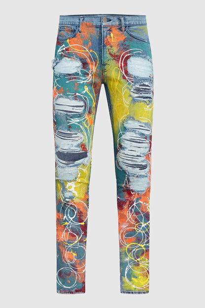 *Festival Worn* Dim Mak Swirl Painted Destruction Jeans #233 with Steve Aoki's Autographed NEVERSEA Wristbands