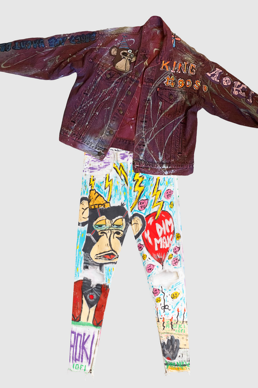 **TOMORROWLAND 2022 FIT** AOKI 1OF1 BAYC KING #9050 PAINTED DENIM JACKET #708 + BAYC #3719 PAINTED JEANS #663