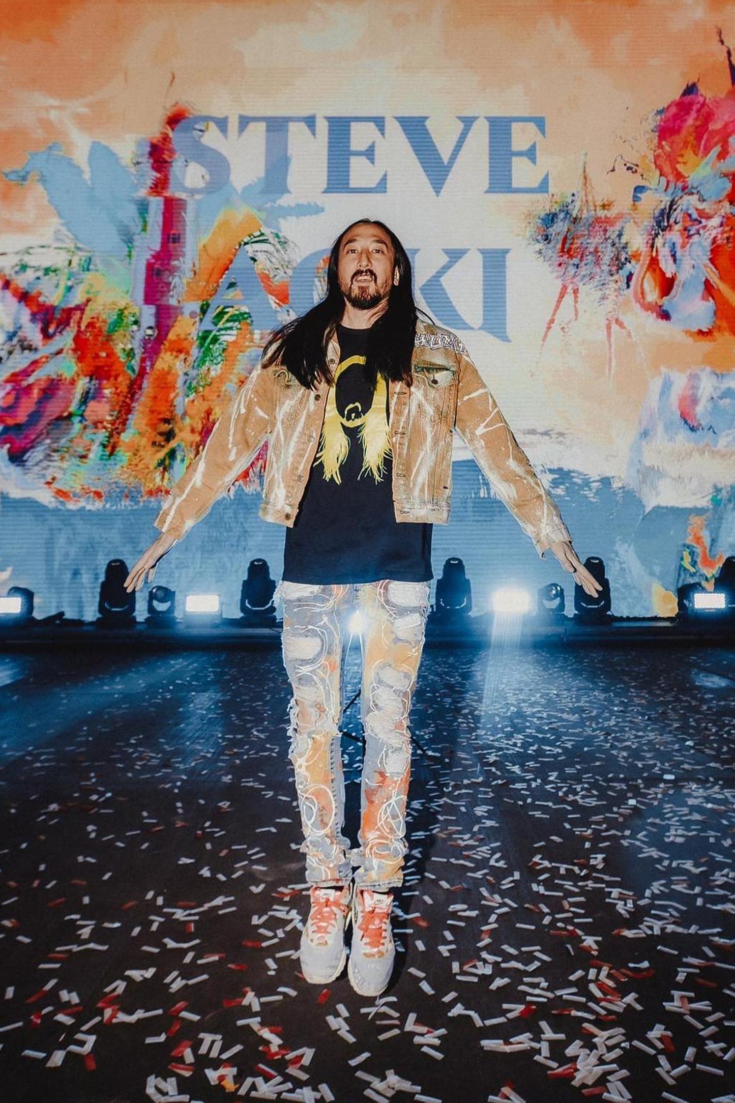 *Festival Worn* Dim Mak Swirl Painted Destruction Jeans #233 with Steve Aoki's Autographed NEVERSEA Wristbands